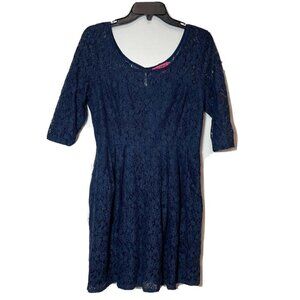 Betsey Johnson Womens Lace Scoop Neck Mini Dress Navy Blue 12 3/4 Sleeve VTG 90s